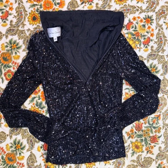 Cara Cara Black Sequin Turtleneck Long Sleeve Zipper Back Top Whimsygoth XS - Picture 8 of 8